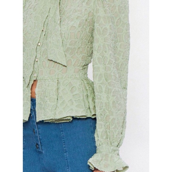 Mint green neck tie button peplum lace blouse top - Picture 5 of 9